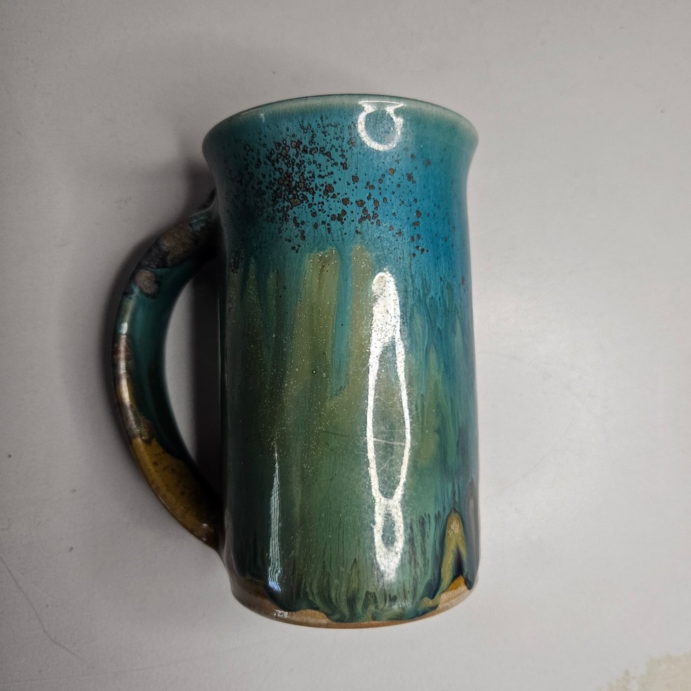 Winter Studio Pottery Drip Glaze Tall Coffee Mug Turquoise Green Signed Artisan